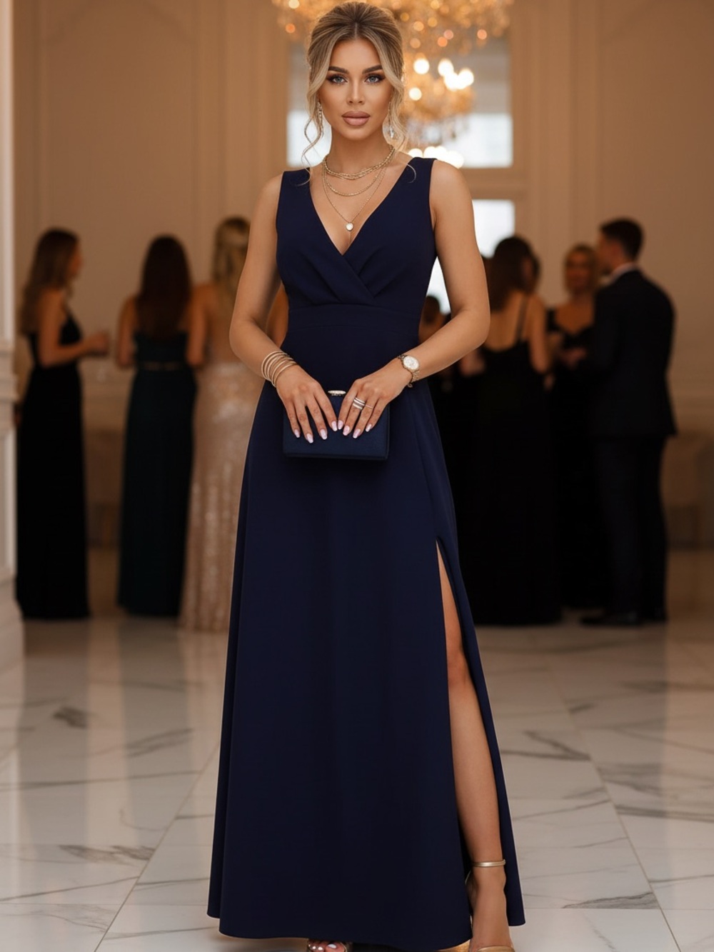 Navy V-Neck Maxi Dress with Side Slit